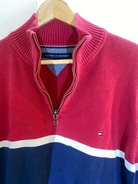 Tommy Hilfiger Y2K Men’s Red Navy White Zip-Up Sweater L